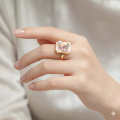 Enamel Meadow Pearl & Gemstone Gold-Plated Square Statement Ring