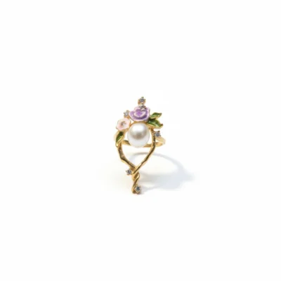 Enchanted Bloom Pearl Ring: Hand-Painted Floral & Vine Desig
