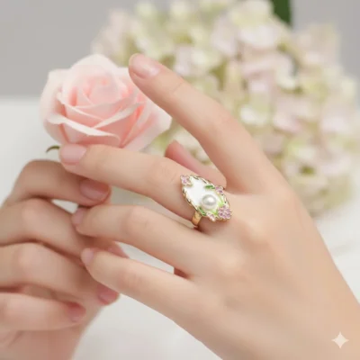 Elegant Pearl & Enamel Floral Cocktail Ring in Gold Plated Finish