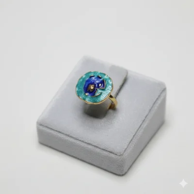 Enamel Gold-Plated Statement Ring | Artisan Blue & Teal Floral Design Jewelry | Unique Handcrafted Gift for Women