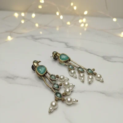 Mint Green Peacock Earrings | Antique Gold Pearl Dangles