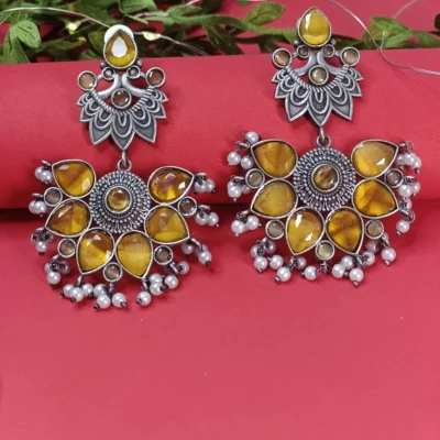 Oxidized Silver Jhumka Earrings with Mint Yellow Stone & Pearl Drops Ethnic Indian Jewelry