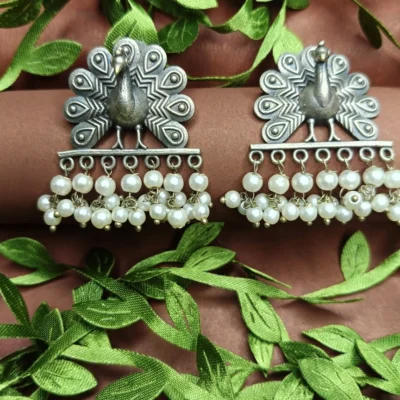 Oxidized Silver Peacock Jhumka Earrings with Elegant Pearl Drops