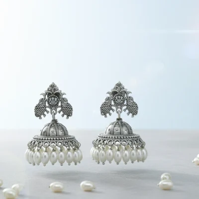 Traditional Oxidized Silver Jhumka Earrings with Elegant Pearl Drops