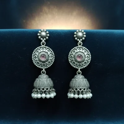 Ethnic Elegance Oxidized Silver Jhumka Earrings with Pink Stone & Pearl