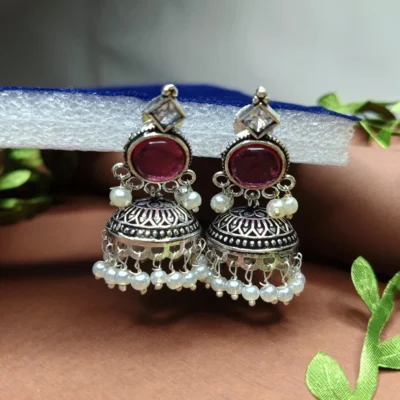 Antique Oxidized Silver Jhumka Earrings with magenta with white stone