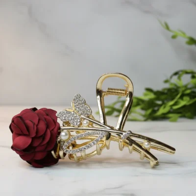 Luxury Gold-Plated Rose Hair Claw Clip with Diamond & Pearl Accents | Elegant Bridal & Party Wear Hair Accessory