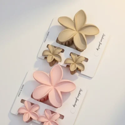 Chic Flower Claw Clip Combo (2-Pack) Matte Finish, Large & Mini Floral Hair Claws Pink & Khaki Set