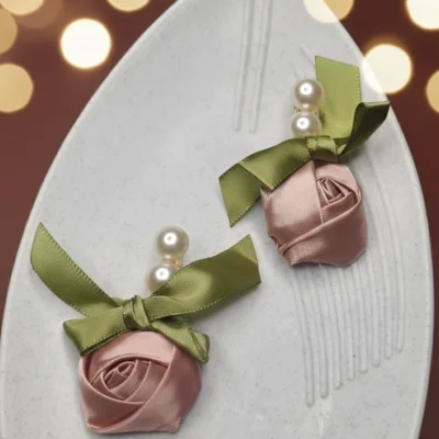 Handcrafted Fabric Rose Stud Earrings with Pearl Accent Elegant Ribbon Bow Detail Unique Statement Jewelry Gift for Her