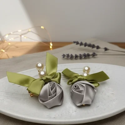 egant Grey Satin Rose Hair Clips with Pearl Accents Set of 2 Handmade Floral Hair Barrettes for Women & Girls