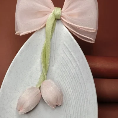 Elegant Pink Sheer Bow Hair Clip with Dangling Flower Tassels – Premium French Barrette for Women & Girls