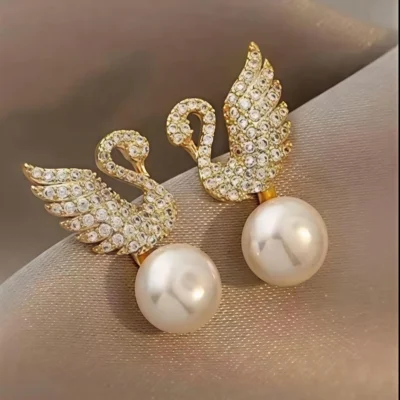 Elegant Gold-Plated Swan Drop Earrings with Cubic Zirconia Diamonds and Faux Pearl Luxury Statement Jewelry