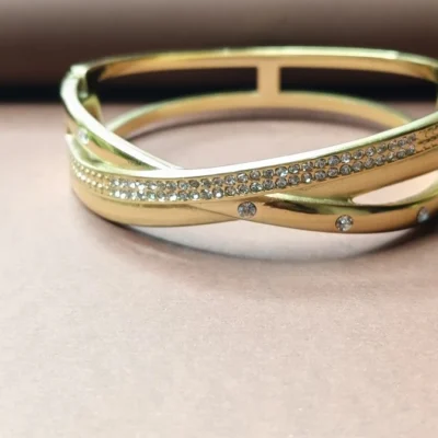Luxury Gold-Plated Crystal Cross-Over Bangle Bracelet for Women | Adjustable & Elegant