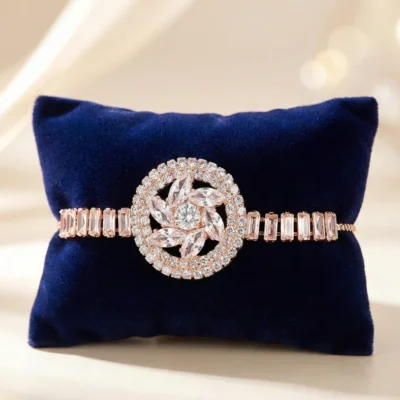 Luxury Rose Gold American Diamond (AD) Bracelet for Women Adjustable Floral Cubic Zirconia Slider Bangle with Crystal Baguette Links Elegant Party Wear & Gift Jewelry