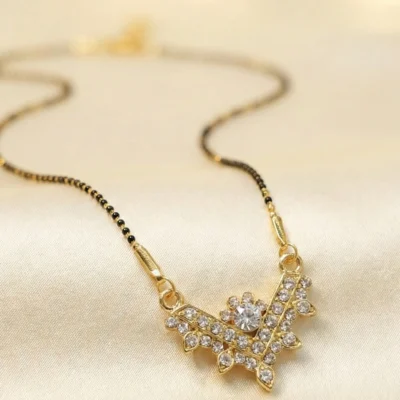 Gold Plated Diamond CZ V-Shape Pendant Mangalsutra for Women Modern Black Bead Chain Necklace