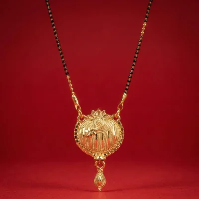 Premium Gold Plated Short Mangalsutra with Intricate Textured Pendant & Drop Charm Traditional Black Bead Necklace (Tanmaniya) for Women