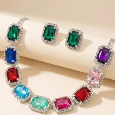 Multi-Color Crystal Rhinestone Necklace & Earrings Set Silver-Tone Geometric Statement Jewelry for Women Party, Wedding & Festive Wear