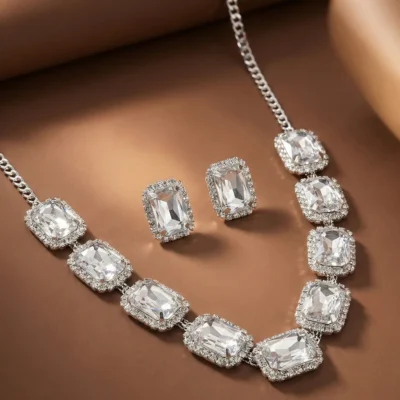 Silver-Tone Rectangular Cut Crystal Necklace & Earring Set Elegant Bridal & Party Jewelry