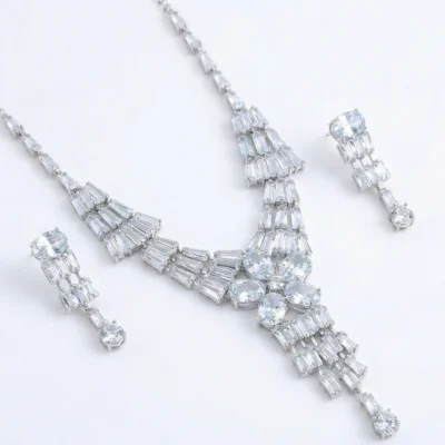 Elegant Silver-Tone Cubic Zirconia Necklace & Earring Set – Mixed Baguette & Round Cut Bridal Statement Jewelry for Weddings, Parties & Evening Wear