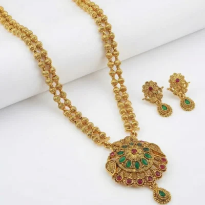 Elegant Gold Plated Long Necklace Set with Green & Red Stones – Traditional Indian Temple Jewelry for Weddings & Festivals (Pendant & Earrings