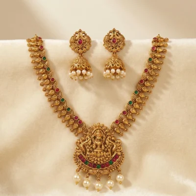 Antique Gold Lakshmi Temple Jewelry Set with Peacock Jhumkas Traditional Ruby, Emerald & Pearl Necklace for Women