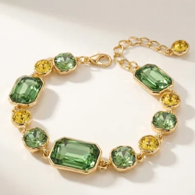 Luxury Gold Plated Bracelet with Large Green Emerald-Cut Stones – Elegant Gift for Her