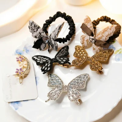 Butterfly Hair Accessory Set – Sparkling Rhinestone Crystal Clips, Elegant Lace Scrunchies, and Gold Moon & Flower Barrette Assortment