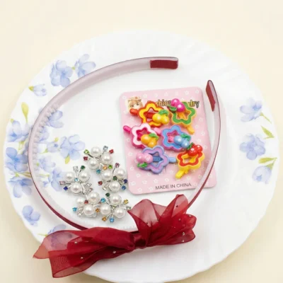 Girls’ Hair Accessory Gift Set – Red Polka Dot Bow Headband, Pearl & Rhinestone Barrettes, Colorful Fruit Snap Clips Bundle for Toddlers & Kids – Cute Party & Everyday Styling Pack