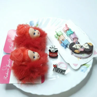 Cute Hair Accessories Set for Girls – Red Fur Doll Clips, Cartoon Character Hair Ties, Mickey & Minnie Clips – Kawaii Jewelry Gift