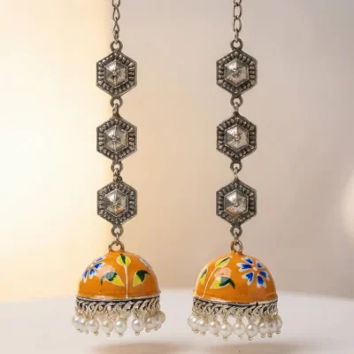 Oxidized Silver Long Jhumka Earrings – Vibrant Orange Meenakari Floral Dangler with Pearl Drops | Ethnic Boho Party Wear Jewelry for Women