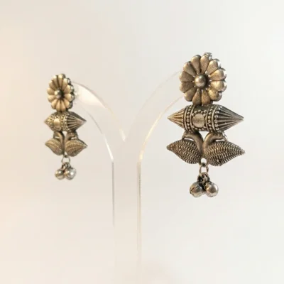 Antique Finish Silver Tone Earrings with Flower, Leaf & Ghungroo Charm – Traditional Indian Fashion Jewelry