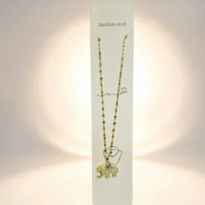 Gold Tone Pave Elephant Pendant Necklace for Women – Dainty Chain with Sparkling Cubic Zirconia & Blue Accent Stone – Good Luck Charm Jewelry Gift