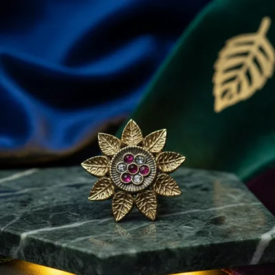 Oxidized Gold Flower Statement Ring for Women White magenta Stone