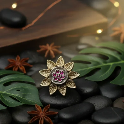 Antique Gold Finish Floral Statement Ring | Oxidized Silver Adjustable Finger Ring with Pink Stones for Women and Girls