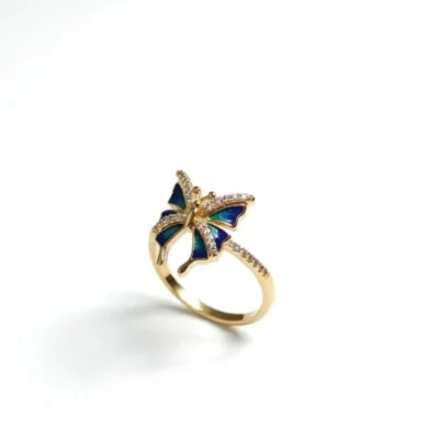 Elegant Enamel Butterfly Ring – Gold-Plated Adjustable with Pave Cubic Zirconia Stones