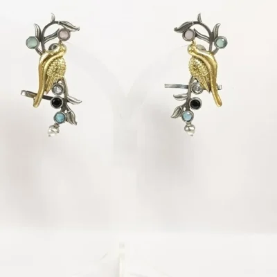 Handcrafted Bird & Leaf Drop Earrings – Gold & Silver Nature Jewelry