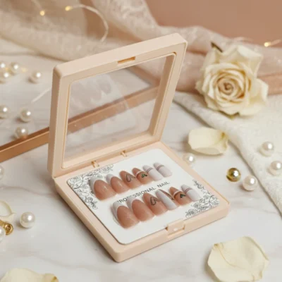Elegant Press-On Nails Set – Nude & White Heart Nail Art Kit