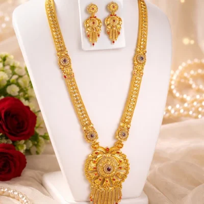 1.5gm Gold Polish Traditional Gold Plated Rani Haar Necklace Set for Women with Earrings, Bridal Wedding Jewelry Set, Antique Long Necklace Design, Ethnic Party Wear Jewellery
