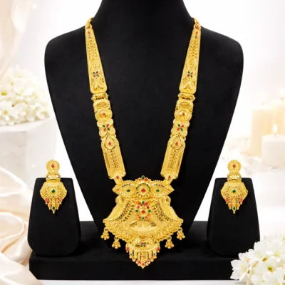 Snehshop™ 1.5gm Gold Polish Rani Haar Set for Women, Traditional Bridal Necklace Set with Earrings, Gold Plated Temple Jewellery for Wedding & Party Wear