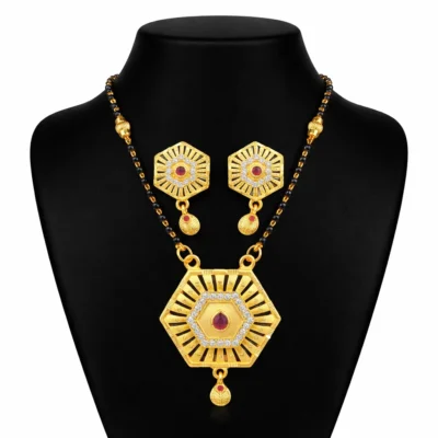 Snehshop™ 1.5gm Gold Polish Mangalsutra Set with Earrings, Traditional Black Beads Necklace with Ruby Stone Pendant, Bridal & Daily Wear Jewellery