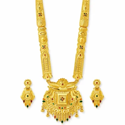Snehshop™ 1.5gm Gold Polish Long Rani Haar Necklace Set for Women, Traditional Bridal Jewellery Set with Earrings, Temple Design Gold Plated Jewellery