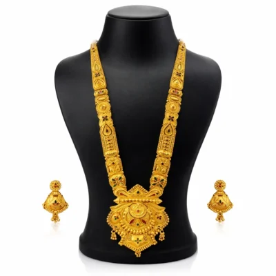 Snehshop™ 1.5gm Gold Polish Bridal Rani Haar Necklace Set with Jhumka Earrings, Traditional Long Temple Jewellery for Wedding & Festive Wear