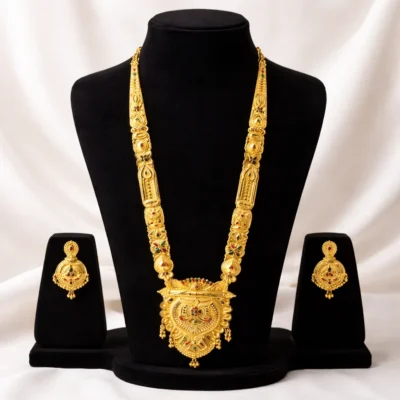 Snehshop™ 1.5gm Gold Polish Bridal Rani Haar Necklace Set with Jhumka Earrings, Traditional Long Temple Jewellery for Wedding & Festive Wear