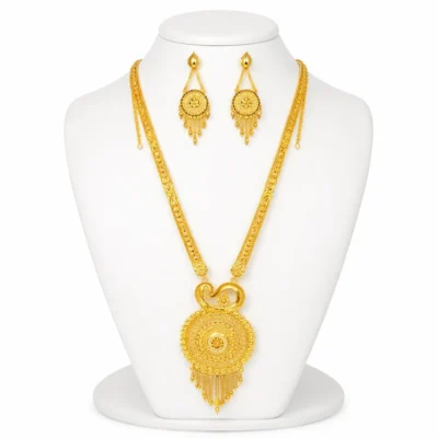 1.5gm Gold Polish Traditional Gold Plated Long Necklace Set for Women, Designer Rani Haar with Earrings, Bridal & Wedding Jewellery Set India